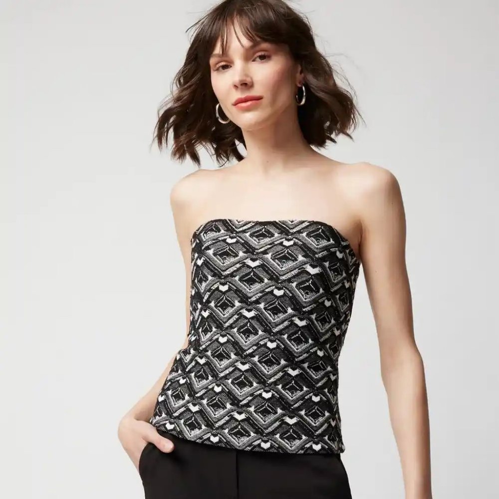 WHBM $110 REMOVABLE STRAPS Black & White Graphic Print Bustier Top Jacquard